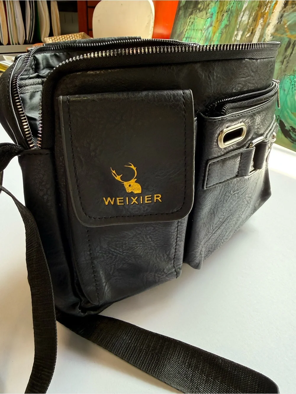 WEIXIER Black Men’s Messenger Bag with Front Organizer Pockets
